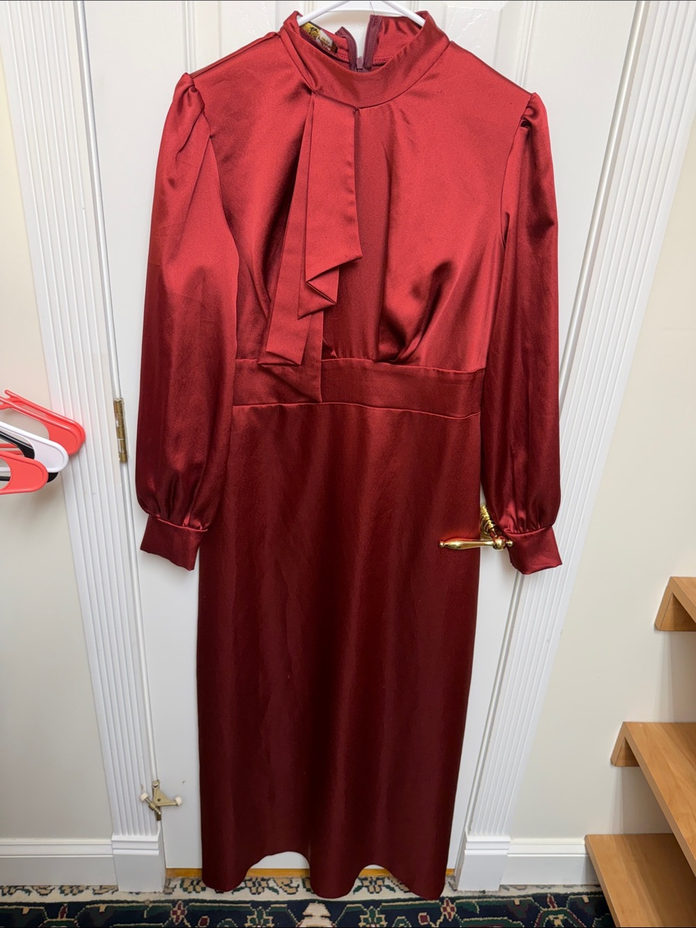 Women's Red Satin Long Sleeve Midi Dress with Neck Tie